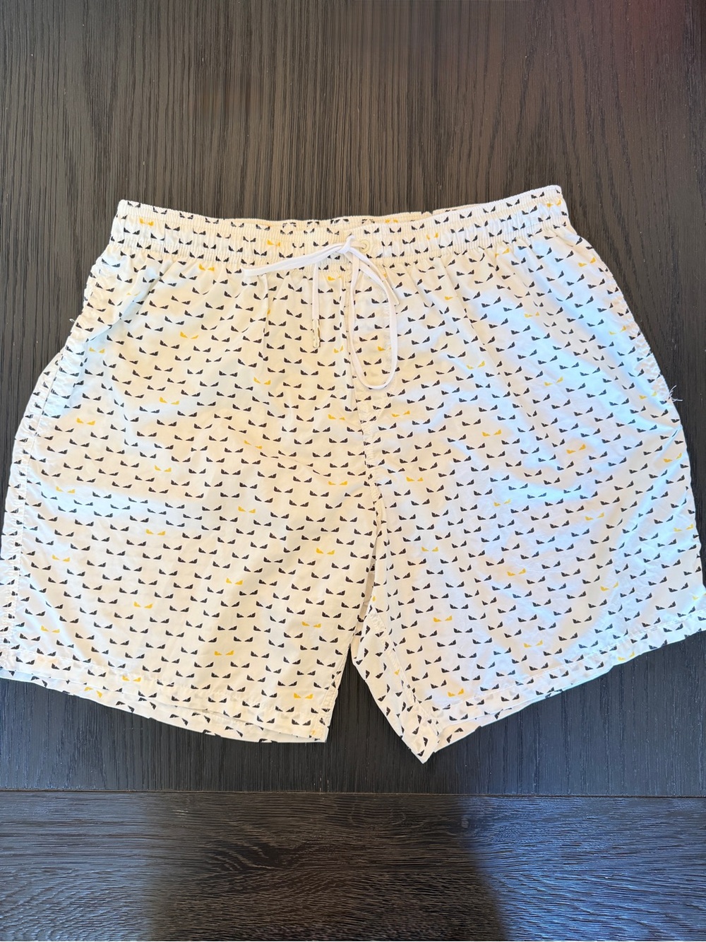 Fendi White Printed Drawstring Men's Swim Shorts | Black & Yellow Motif